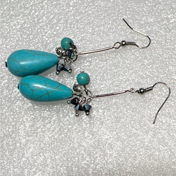 Artisan Glass Turquoise & Silver Tone Teardrop Earrings With Crystal Accents - Picture 3 of 8